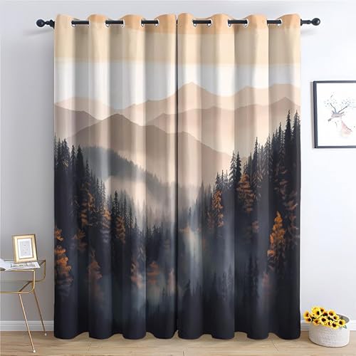 QEODAH Vorhänge Berge Waldmotiv Gardinen mit Ösen, Vorhang Blickdicht, Fensterdekoration, Schlafzimmer Wohnzimmer & Kinderzimmer Deko, Blackout Curtain 2er Set H 137 x B 117 cm von QEODAH