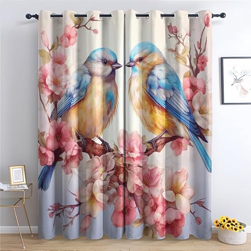 QEODAH Vorhänge Blumen und Vögel Gardinen mit Ösen, Vorhang Blickdicht, Verdunklungsvorhänge, Schlafzimmer Wohnzimmer & Kinderzimmer Deko, Blackout Curtain 2er Set H 137 x B 117 cm von QEODAH