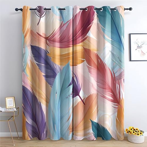 QEODAH Vorhänge Bunte Federn Gardinen mit Ösen, Vorhang Blickdicht, Verdunklungsvorhänge, Fensterdekoration, Schlafzimmer Wohnzimmer & Kinderzimmer Deko, Blackout Curtain 2er Set H 137 x B 117 cm von QEODAH