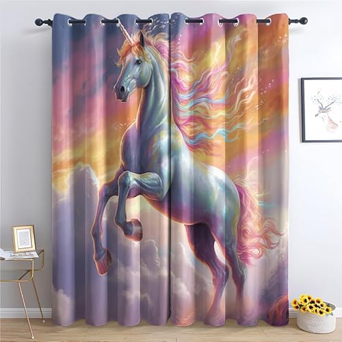 QEODAH Vorhänge Einhorn Gardinen mit Ösen, Vorhang Blickdicht, Verdunklungsvorhänge, Fensterdekoration, Schlafzimmer Wohnzimmer & Kinderzimmer Deko, Blackout Curtain 2er Set H 160 x B 140 cm von QEODAH