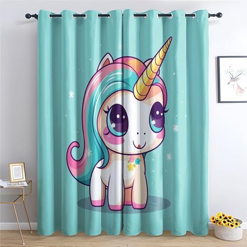 QEODAH Vorhänge Einhorn Kinder Gardinen mit Ösen, Vorhang Blickdicht, Verdunklungsvorhänge, Fensterdekoration, Schlafzimmer Wohnzimmer & Kinderzimmer Deko, Blackout Curtain 2er Set H 166 x B 75 cm von QEODAH