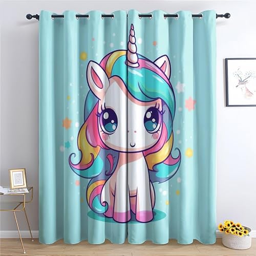 QEODAH Vorhänge Einhorn Kinder Vorhang Blickdicht Ösenvorhang Verdunklungsvorhänge Gardinen Wohnzimmer Schlafzimmer Kinderzimmer Fenster Deko Blackout Curtain 2er Set H 137 x B 117 cm von QEODAH