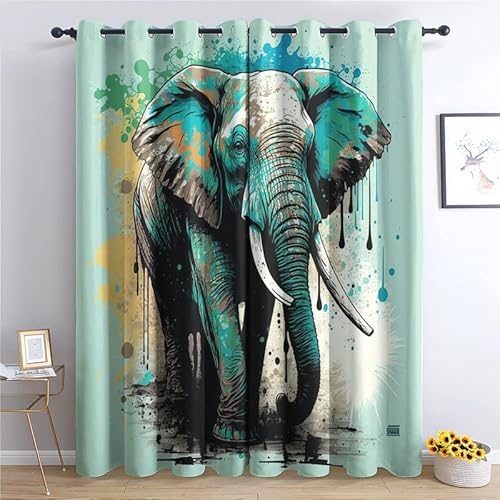 QEODAH Vorhänge Elefant Gardinen mit Ösen, Vorhang Blickdicht, Verdunklungsvorhänge, Fensterdekoration, Schlafzimmer Wohnzimmer & Kinderzimmer Deko, Blackout Curtain 2er Set H 175 x B 140 cm von QEODAH