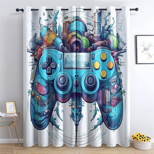 QEODAH Vorhänge Gaming Gardinen mit Ösen, Vorhang Blickdicht, Verdunklungsvorhänge, Fensterdekoration, Schlafzimmer Wohnzimmer & Kinderzimmer Deko, Blackout Curtain 2er Set H 137 x B 117 cm von QEODAH