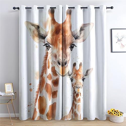 QEODAH Vorhänge Giraffe Kinder Gardinen mit Ösen, Vorhang Blickdicht, Verdunklungsvorhänge, Schlafzimmer Wohnzimmer & Kinderzimmer Deko, Blackout Curtain 2er Set H 160 x B 140 cm von QEODAH