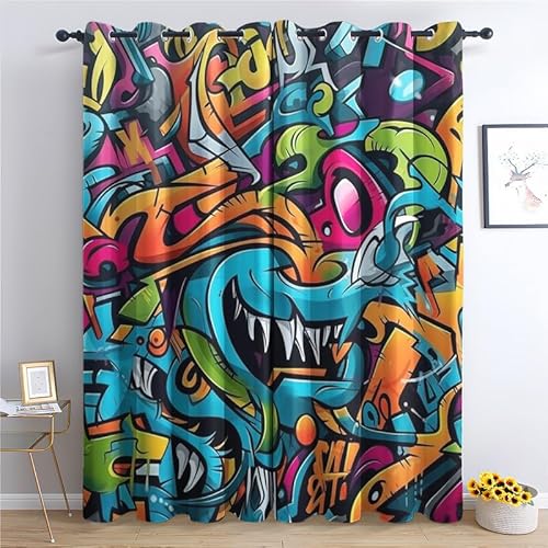 QEODAH Vorhänge Graffiti Gardinen mit Ösen, Vorhang Blickdicht, Verdunklungsvorhänge, Fensterdekoration, Schlafzimmer Wohnzimmer & Kinderzimmer Deko, Blackout Curtain 2er Set H 200 x B 140 cm von QEODAH