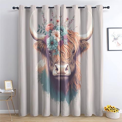 QEODAH Vorhänge Hochlandrind Bauernhof Tiere Vorhang Blickdicht Ösenvorhang Verdunklungsvorhänge Gardinen Wohnzimmer Schlafzimmer Kinderzimmer Fenster Deko Blackout Curtain 2er Set H 200 x B 140 cm von QEODAH