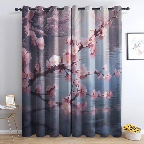 QEODAH Vorhänge Japanische Kirschblüte Gardinen mit Ösen, Vorhang Blickdicht, Verdunklungsvorhänge, Schlafzimmer Wohnzimmer & Kinderzimmer Deko, Blackout Curtain 2er Set H 300 x B 140 cm von QEODAH