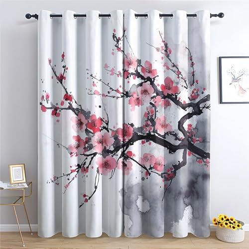 QEODAH Vorhänge Japanische Kirschblüte Vorhang Blickdicht Ösenvorhang Verdunklungsvorhänge Gardinen Wohnzimmer Schlafzimmer Kinderzimmer Fenster Deko Blackout Curtain 2er Set H 300 x B 140 cm von QEODAH