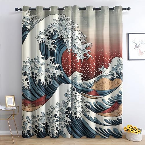 QEODAH Vorhänge Japanische Welle Vorhang Blickdicht Ösenvorhang Verdunklungsvorhänge Gardinen Wohnzimmer Schlafzimmer Kinderzimmer Fenster Deko Blackout Curtain 2er Set H 260 x B 140 cm von QEODAH