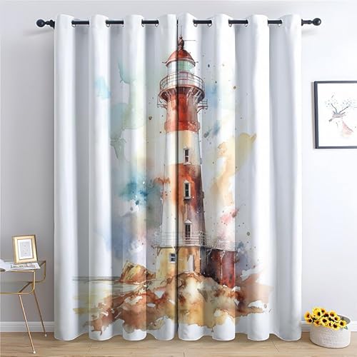 QEODAH Vorhänge Leuchtturm Nautisch Maritim Gardinen mit Ösen, Vorhang Blickdicht, Verdunklungsvorhänge, Schlafzimmer Wohnzimmer & Kinderzimmer Deko, Blackout Curtain 2er Set H 166 x B 75 cm von QEODAH