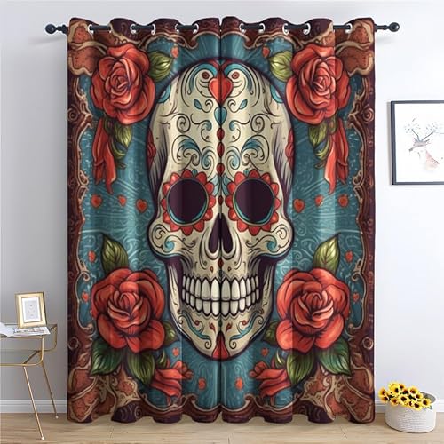 QEODAH Vorhänge Mexikanische Totenkopf Vorhang Blickdicht Ösenvorhang Verdunklungsvorhänge Gardinen Wohnzimmer Schlafzimmer Kinderzimmer Fenster Deko Blackout Curtain 2er Set H 175 x B 140 cm von QEODAH