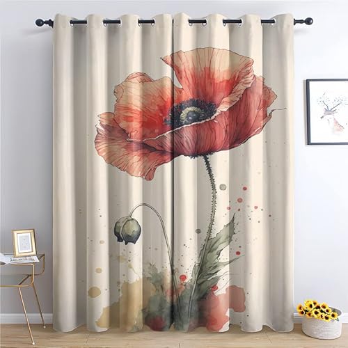 QEODAH Vorhänge Mohnblumen Gardinen mit Ösen, Vorhang Blickdicht, Verdunklungsvorhänge, Fensterdekoration, Schlafzimmer Wohnzimmer & Kinderzimmer Deko, Blackout Curtain 2er Set H 160 x B 140 cm von QEODAH