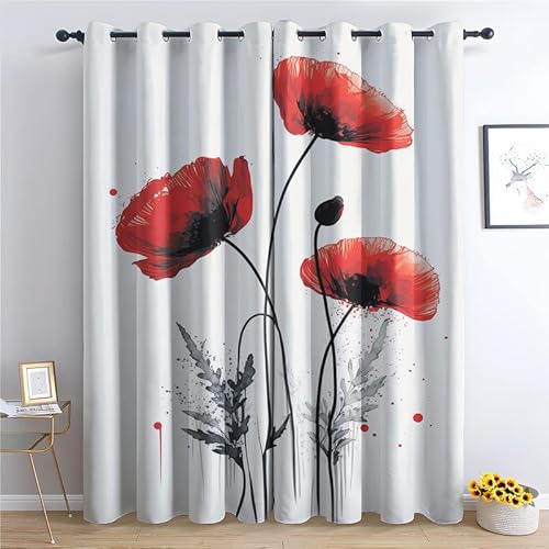 QEODAH Vorhänge Mohnblumen Gardinen mit Ösen, Vorhang Blickdicht, Verdunklungsvorhänge, Fensterdekoration, Schlafzimmer Wohnzimmer & Kinderzimmer Deko, Blackout Curtain 2er Set H 166 x B 75 cm von QEODAH