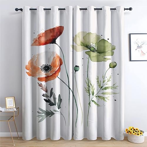 QEODAH Vorhänge Mohnblumen Vorhang Blickdicht Ösenvorhang Verdunklungsvorhänge Gardinen Wohnzimmer Schlafzimmer Kinderzimmer Fenster Deko Blackout Curtain 2er Set H 245 x B 140 cm von QEODAH