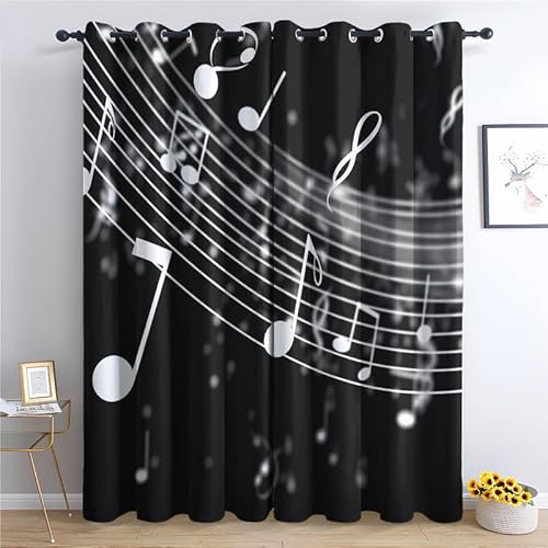 QEODAH Vorhänge Musiknoten Vorhang Blickdicht Ösenvorhang Verdunklungsvorhänge Gardinen Wohnzimmer Schlafzimmer Kinderzimmer Fenster Deko Blackout Curtain 2er Set H 166 x B 75 cm von QEODAH