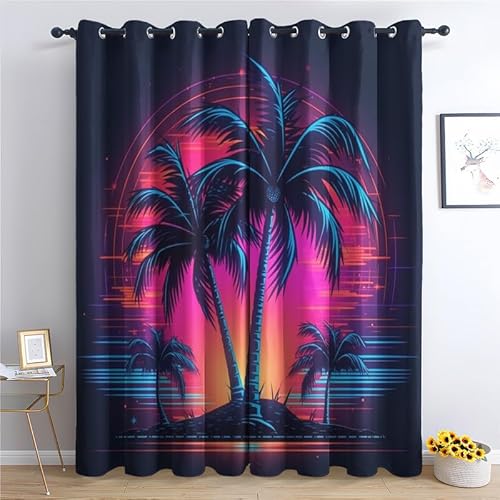 QEODAH Vorhänge Neon Tropische Palmen Vorhang Blickdicht Ösenvorhang Verdunklungsvorhänge Gardinen Wohnzimmer Schlafzimmer Kinderzimmer Fenster Deko Blackout Curtain 2er Set H 166 x B 75 cm von QEODAH