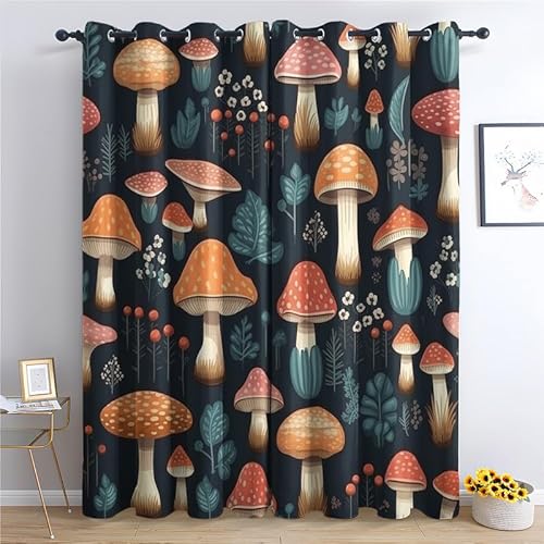 QEODAH Vorhänge Pilze Botanik Gardinen mit Ösen, Vorhang Blickdicht, Verdunklungsvorhänge, Fensterdekoration, Schlafzimmer Wohnzimmer & Kinderzimmer Deko, Blackout Curtain 2er Set H 200 x B 140 cm von QEODAH