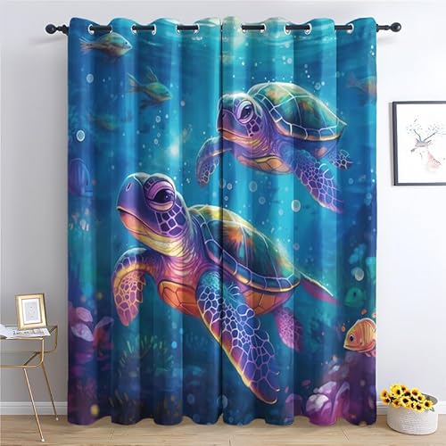 QEODAH Vorhänge Schildkröte Vorhang Blickdicht Ösenvorhang Verdunklungsvorhänge Gardinen Wohnzimmer Schlafzimmer Kinderzimmer Fenster Deko Blackout Curtain 2er Set H 137 x B 117 cm von QEODAH