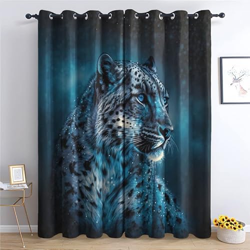 QEODAH Vorhänge Schneeleopard Tiere Vorhang Blickdicht Ösenvorhang Verdunklungsvorhänge Gardinen Wohnzimmer Schlafzimmer Kinderzimmer Fenster Deko Blackout Curtain 2er Set H 200 x B 140 cm von QEODAH