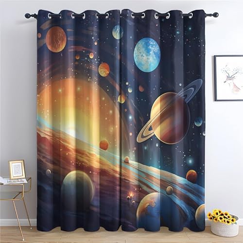 QEODAH Vorhänge Sonnensystem Jungen Gardinen mit Ösen, Vorhang Blickdicht, Verdunklungsvorhänge, Schlafzimmer Wohnzimmer & Kinderzimmer Deko, Blackout Curtain 2er Set H 160 x B 140 cm von QEODAH