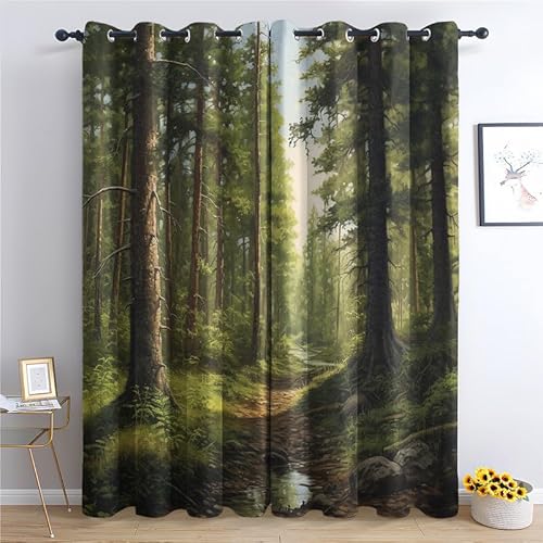 QEODAH Vorhänge Waldmotiv Gardinen mit Ösen, Vorhang Blickdicht, Verdunklungsvorhänge, Fensterdekoration, Schlafzimmer Wohnzimmer & Kinderzimmer Deko, Blackout Curtain 2er Set H 160 x B 140 cm von QEODAH