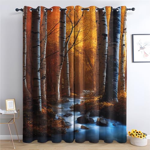 QEODAH Wald Vorhänge 3D Birke Wald Landschaft Vorhang Blickdicht mit Ösen, Verdunkelungsvorhang Gardinen für Schlafzimmer Wohnzimmer Fenster Deko, Blackout Curtain 2er Set H 200 x B 140 cm von QEODAH