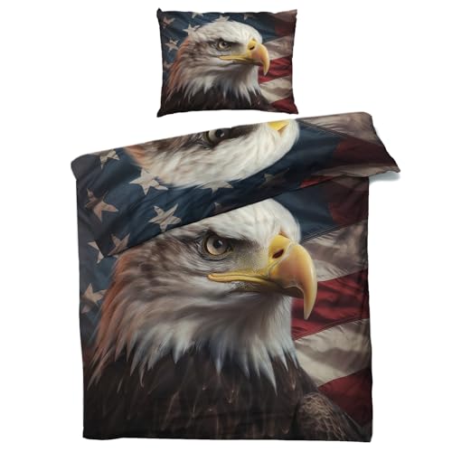 QEODAH Weißkopfseeadler Bettwäsche 135x200 - Amerikanische Flagge Bettbezug 135 x 200 2er Set - Wendebettwäsche & Kissenbezug - Weiche Mikrofaser Bettwäsche-Sets mit Reißverschluss von QEODAH