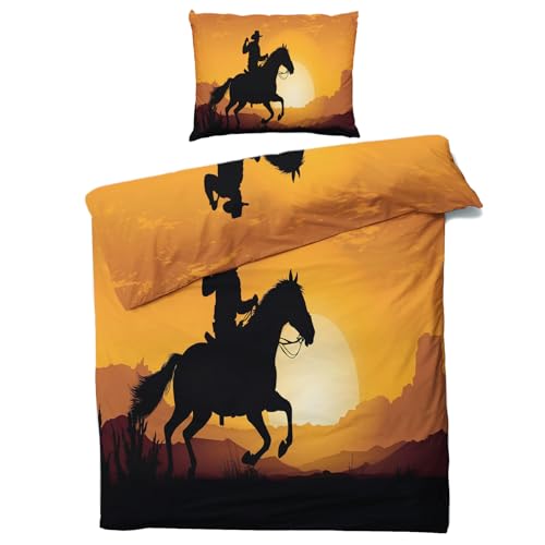 QEODAH Western Cowboy Bettwäsche 135x200 Winter - Western Style Bettbezug 135 x 200 2er Set - Wendebettwäsche & Kissenbezug 80x80 cm - Weiche Mikrofaser Bettwäsche-Sets mit Reißverschluss von QEODAH