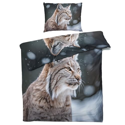 QEODAH Winter Bettwäsche 135x200 Luchs - 3D Tiere Bettbezug 135 x 200 2er Set - Wendebettwäsche & Kissenbezug 80x80 cm - Weiche Mikrofaser Bettwäsche-Sets mit Reißverschluss - Schlafzimmer Bett Deko von QEODAH