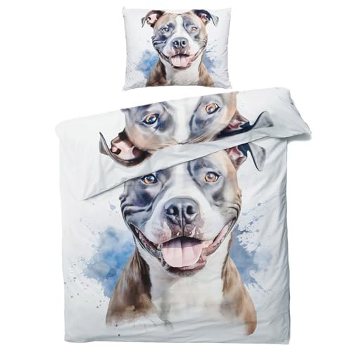 QEODAH Winter Bettwäsche 135x200 Pitbull - Hunde Bettbezug 135 x 200 2er Set - Wendebettwäsche & Kissenbezug 80x80 cm - Weiche Mikrofaser Bettwäsche-Sets mit Reißverschluss - Schlafzimmer Bett Deko von QEODAH