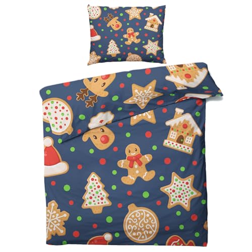 QEODAH Winter Bettwäsche 135x200 Weihnachten - Lebkuchenmann Rentier Weihnachtsbaum Bettbezug 135 x 200 2er Set - Wendebettwäsche & Kissenbezug - Weiche Mikrofaser Bettwäsche-Sets mit Reißverschluss von QEODAH