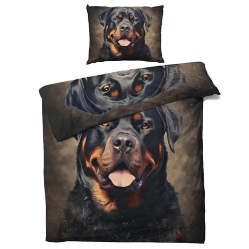 Rottweiler Bettwäsche 135x200 Winter - Hunde Bettbezug 135 x 200 2er Set - Wendebettwäsche & Kissenbezug 80x80 cm - Weiche Mikrofaser Bettwäsche-sets mit Reißverschluss - Schlafzimmer Bett Deko von QEODAH