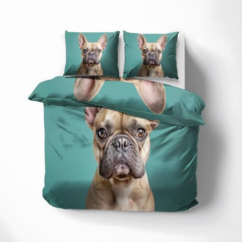 Sommerbettwäsche 135x200 Französische Bulldogge - Hunde Bettbezug 135 x 200 2er Set - Wendebettwäsche & Kissenbezug 80x80 cm - Weiche Mikrofaser Bettwäsche-sets mit Reißverschluss - Schlafzimmer Deko von QEODAH