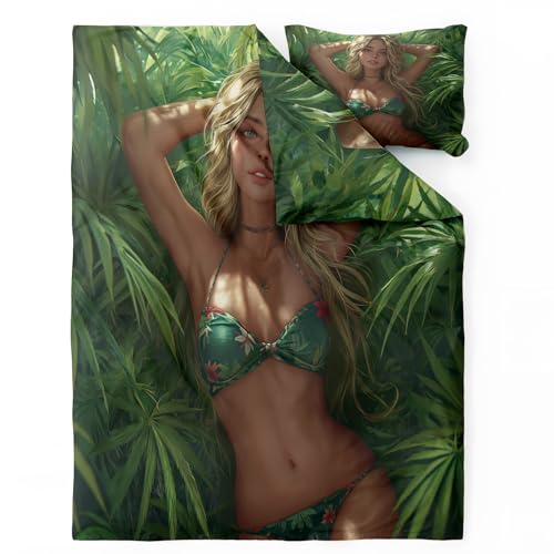 Sommerbettwäsche 135x200 Sexy Frau - Grün Blatt Bettbezug 135 x 200 2er Set - Wendebettwäsche & Kissenbezug 80x80 cm - Weiche Mikrofaser Bettwäsche-sets mit Reißverschluss - Schlafzimmer Bett Deko von QEODAH
