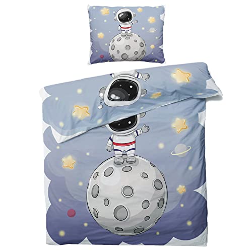 Winter Bettwäsche 135x200 Kinder Weltraum - Astronaut Sterne Planeten Bettbezug 135 x 200 2er Set - Wendebettwäsche & Kissenbezug 80x80 cm - Weiche Mikrofaser Bettwäsche-sets mit Reißverschluss von QEODAH