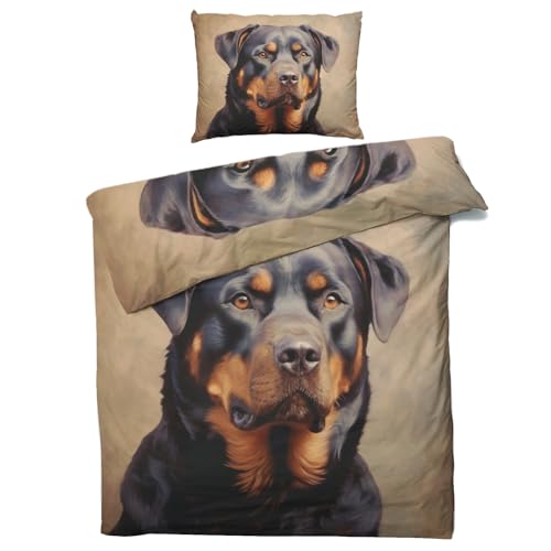 Winter Bettwäsche 135x200 Rottweiler - Hunde Bettbezug 135 x 200 2er Set - Wendebettwäsche & Kissenbezug 80x80 cm - Weiche Mikrofaser Bettwäsche-sets mit Reißverschluss - Schlafzimmer Bett Deko von QEODAH