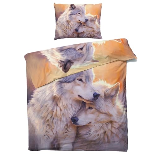 Wolf Bettwäsche 135x200 Winter - Wilde Tiere Bettbezug 135 x 200 2er Set - Wendebettwäsche & Kissenbezug 80x80 cm - Weiche Mikrofaser Bettwäsche-sets mit Reißverschluss - Schlafzimmer Bett Deko von QEODAH