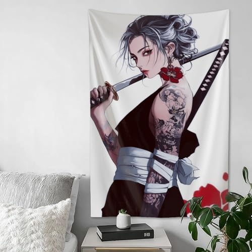 QEOPGNE Wandteppich, coole Samurai-Frau, japanisches Anime-Mädchen, Wandteppich für Schlafzimmer, Wohnzimmer, Dekoration für Männer und Frauen, Wandteppich, Wanddekoration, 101,6 x 152,4 cm von QEOPGNE