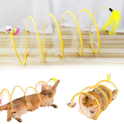 Self Play Cat Hunting Spiral Tunnel Toy, S Type Folded Cat Tunnel Toy, Interactive Cat Coil Toys for Indoor Cats Play Exercise, Decompression Fun Cat Spring Toys for Feline Companion (Mouse,Yellow) von QEOTOH