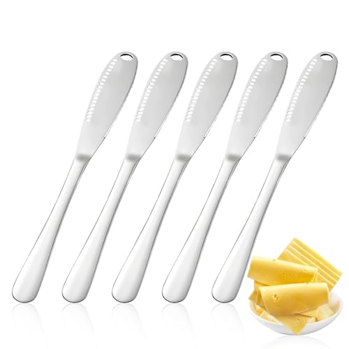 5 Stück Buttermesser Edelstahl Butter Spreader mit Löchern Dessertmesser Streichmesser Set Multifunktionaler Butter Schneider mit gezackten Kanten für Gemüse, Obst und Käse, Spülmaschinenfest von QESSUVNC