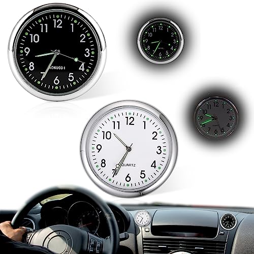 Auto Uhr Stick on Dashboard Quarzuhr Analoge Auto-Uhr Mini Uhr Armaturenbrett Universal kleine leuchtende Auto Lüftungsschlitze Uhr Autodekoration für Büro Zuhause Boot Fahrrad (Weiß+Schwarz) von QESSUVNC