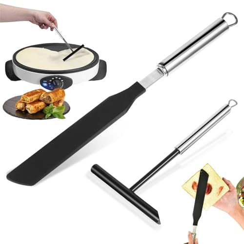 QESSUVNC 2 Stücke Edelstahl Silikon Küchenhelfer Spatel Edelstahl Crepes Wender Teigverteiler Crepes Crepes Wender Zubehör Crepes Set Crepes Spatel Palatschinken Wender Crepe Pfanne Crepes Verteiler von QESSUVNC