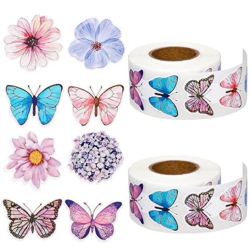 QFGasre 1000 Stück Schmetterling Stickers Blumen Aufkleberrollen bunt Geschenkpapier Aufkleber süße Blumen Rollenaufkleber Selbstklebende Dekorative Aufkleber für Sammelalben Partydekorationen von QFGasre