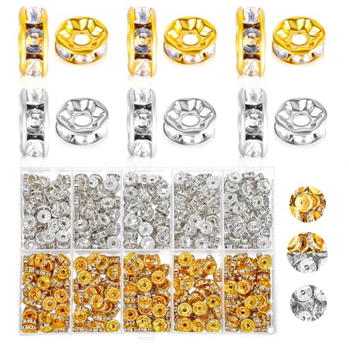 QFGasre 600 Stück Rondelle Abstandshalterperlen Kristallperlen Abstandshalterperlen mit Löchern Gold und Silber-Strassperlen für die Schmuckherstellung Bastelprojekte Armbänder Halsketten QFGasre 600 Stück Rondelle Abstandshalterperlen Kristallperlen Abstandshalterperlen mit Löchern Gold und Silber-Strassperlen für die Schmuckherstellung Bastelprojekte Armbänder Halsketten von QFGasre