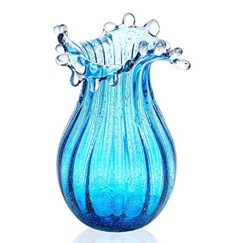 21,1 cm geblasene Glasvase, Kollektion, moderne Kunst, Blumenvase, Dekoration für Heimdekoration, Wohnzimmer, Büro, Tafelaufsatz, Tisch und Hochzeit, Blau von QFkris