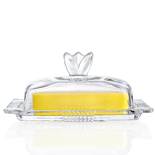 Butterdose aus Glas mit Deckel, 17,8 cm, eleganter Butterbehälter für die Arbeitsplatte, transparenter Butterbehälter für Zuhause, Küche, spülmaschinengeeignet von QFkris