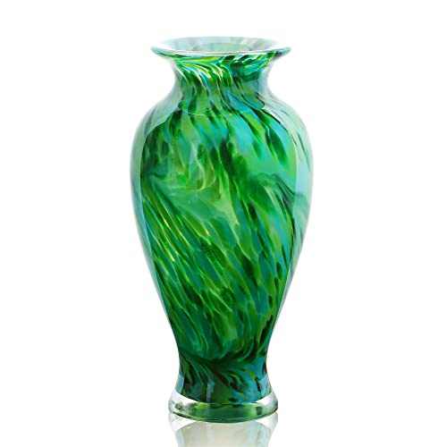 Mundgeblasene grüne klassische Vase für Heimdekoration, 30,8 cm Glasblumenvase für Regaldekoration, Wohnzimmer-Dekor, Tafelaufsätze, einzigartiges Geschenk für Ihre Mutter, Schwester, Freunde von QFkris