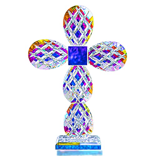 QFkris 22,9 cm hoches, buntes Kristallkreuz, stehendes Gitter, moderne Kreuz-Figur, Glas, Basteln für Muttertag, Geschenke, Gedenkgeschenke, christliche Dekoration von QFkris