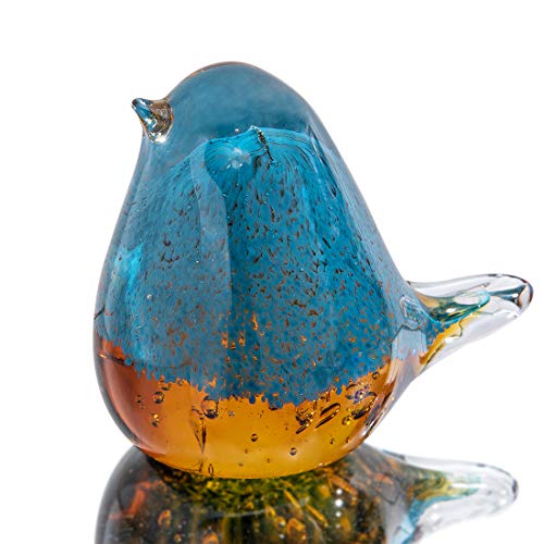 QFkris Handgefertigte Glasfigur Vogel aus geblasenem Glas, Sammlerstück, Glas, Kunst, Handwerk, Geschenk für Weihnachten, Geburtstag, Heimdekoration, blau, gelb, Papierbeschwerer von QFkris